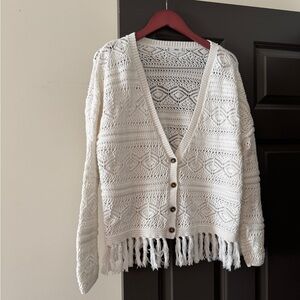 Mango White Knit Cardigan with Fringe
